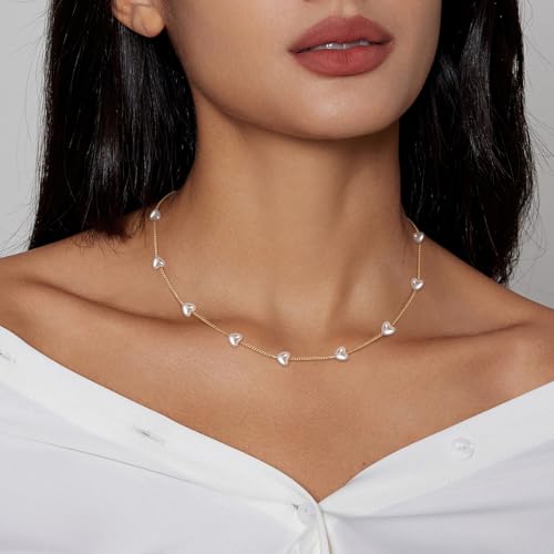 HERIER Cute Heart Necklace Dainty 18k Gold Plated Tiny Heart Pendant Choker Necklaces Small Gold Love Open Heart Chain Necklace for Women Simple Gold Necklace for Women Trendy Jewelry - color: Heart Pearl Necklace-Gold