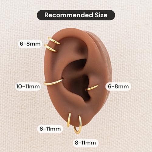 14K Gold Plated 925 Sterling Silver Tiny Hoop Earrings, Thin Small Huggie Hoops, Hypoallergenic Lightweight Cartilage Earrings for Women Men, Multiple Piercings (6mm, 8mm, 10mm, 11mm) - style: Gold-8mm-1Pair