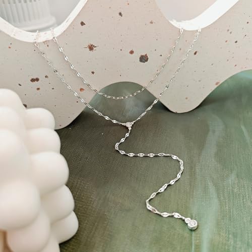 Zeffy Lariat Gold Necklace for Women, Dainty Long Necklace 14k Gold/Silver Plated Layered CZ Beaded Bar Chain Y-Shaped Body Chain Stack Drop Wedding Necklace Trendy Simple Gold Jewelry Gifts - color: Silver CZ Layered Y Necklace(1PCS)