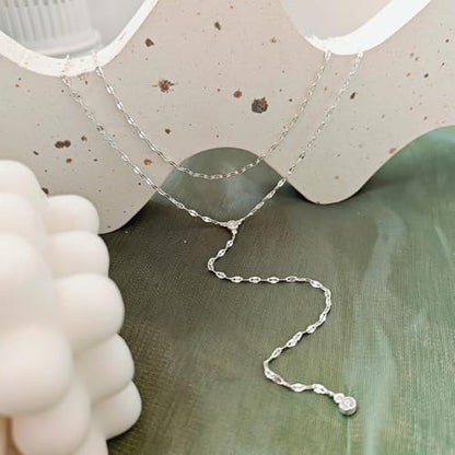 Zeffy Lariat Gold Necklace for Women, Dainty Long Necklace 14k Gold/Silver Plated Layered CZ Beaded Bar Chain Y-Shaped Body Chain Stack Drop Wedding Necklace Trendy Simple Gold Jewelry Gifts - color: Silver CZ Layered Y Necklace(1PCS)