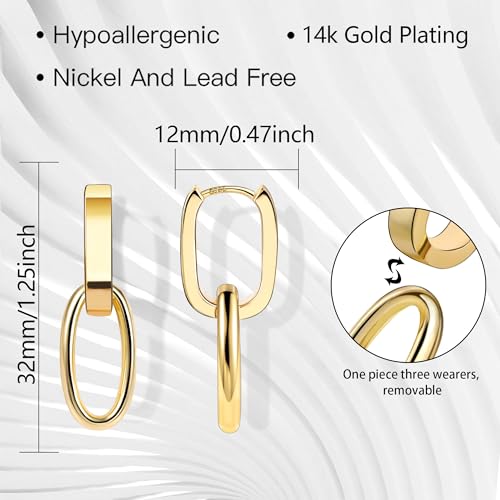 Silver Dangle Double Hoop Earrings For Women Paperclip Link Earring | Drop Small Silver Earrings Square Huggie Paperclip Dangly Hoop Silver Hoops Earrings Jewelry - color: 14K Gold