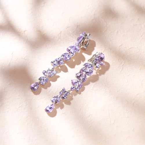 Crysdue Clip On Earrings for Women Rhinestone Crystal Teardrop Cluster Wedding Bridal Non Pierced Long Dangle Earring for Prom Party - color: Light Purple Silver-Tone