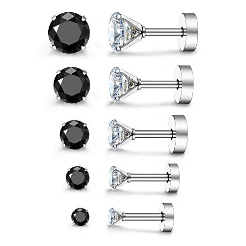 JewelrieShop Cartilage Tragus Earring Stainless Steel Stud Piercing Earring Flat Back Earrings Stud Flatback Screw Back Earrings for Women Men (16G, 6mm Bar Length, 3mm-7mm CZ, 5 Pairs) - color: 04. Steel with White Black CZ