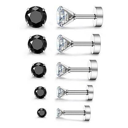 JewelrieShop Cartilage Tragus Earring Stainless Steel Stud Piercing Earring Flat Back Earrings Stud Flatback Screw Back Earrings for Women Men (16G, 6mm Bar Length, 3mm-7mm CZ, 5 Pairs) - color: 04. Steel with White Black CZ
