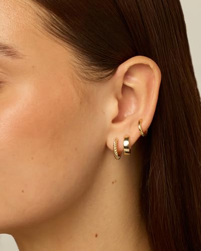 PAVOI Gold Hoop Earrings for Women - 14K-18K Yellow Gold Plated 925 Sterling Silver - Hypoallergenic 3-Pair Small Hoop Earings Set with Cubic Zirconia - Rope Teardrop & Chunky Huggie Styles Earscape Piercings - style: Rope
