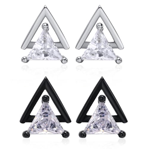Unisex Geometric Triangle Stud Earrings, Stainless Steel Minimalist Cubic Zirconia Pierced Post Earrings for Men Women - style: Double Layer-Black&Sliver