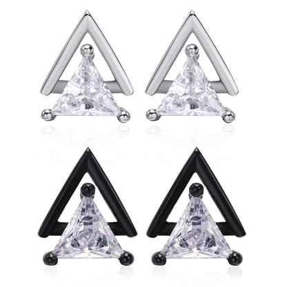 Unisex Geometric Triangle Stud Earrings, Stainless Steel Minimalist Cubic Zirconia Pierced Post Earrings for Men Women - style: Double Layer-Black&Sliver