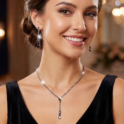 Bride Silver Bridal Necklace Earrings Set Crystal Wedding Jewelry Set Rhinestone Choker Necklace for Women and Brides - color: F Black