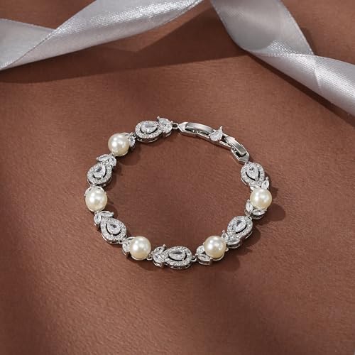 EVER FAITH Cubic Zirconia Pearl Bridal Prom Tennis Bracelet for Women | Elegant Pear CZ Wedding Jewelry Gift, for Bride Bridesmaid - style: Teardrop_Silver-Plated-Brass