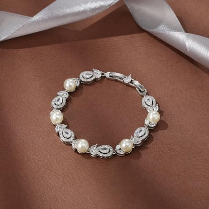 EVER FAITH Cubic Zirconia Pearl Bridal Prom Tennis Bracelet for Women | Elegant Pear CZ Wedding Jewelry Gift, for Bride Bridesmaid - style: Teardrop_Silver-Plated-Brass