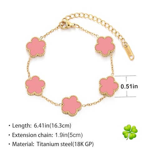 TICVSS Four Leaf Clover Bracelet for Women 18K Gold Plated Stainless Steel Lucky 4 Leaf Gold Link Bracelet Jewelry Gift for Women - color: Pink
