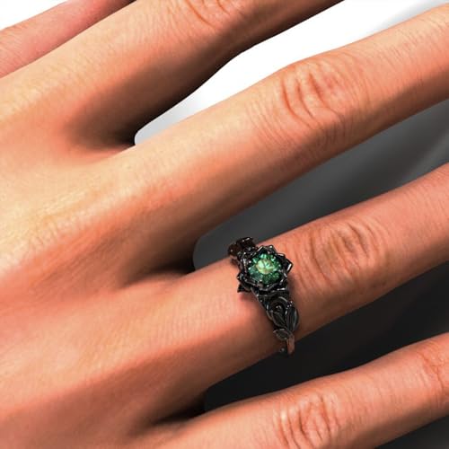 Cubic Zirconia Rings For Women, Gothic Ring Black Flower Crystal Stackable Trendy Floral Eternity Travel Engagement Statement Wedding Birthday Jewelry Gift - color: Goth Black Green