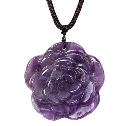 Crystal Flower Pendant Necklace for Women, Hand Carved Sculpted Flower Bloom Charm, Healing Stone Jewelry Gift for Her Mom Girlfriend - color: Purple