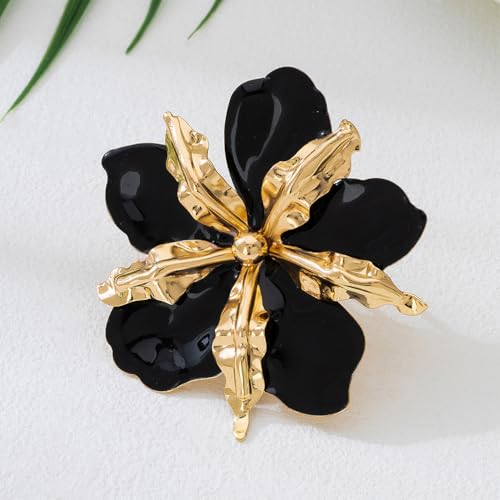Retro Large Gold Leaves Black Red Enamel Flower Ring for Women Jewelry Gift | Bold Oil Drip Light Red Floral Irregular Petals Statement Gold Leaf Joint Finger Ring Punk Vacation Y2k Party Boho Accessory - color: Black