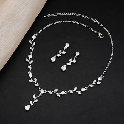 Elegant Bridal Jewelry Sets for Wedding Bride Leaf Shape Cubic Zirconia Necklace Earrings Bracelet Set Prom Costume Accessories - color: 3Pcs-Silver-Cubic Zriconia