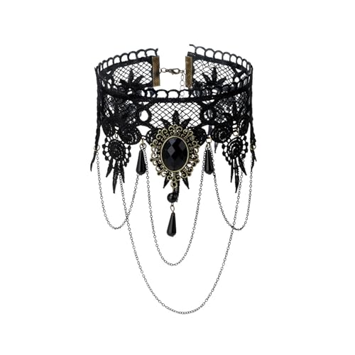 PINK TOWN Gothic Lace Choker Necklace for Women,Vintage Red Black Crystal Pendant Necklaces Punk Style Vampire Necklace Hollowed Out Layer Necklaces Halloween Jewelry Accessories - color: Black5