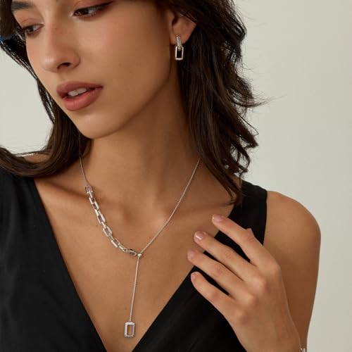 ARSIS Lariat Long Gold Necklace for Women, 18K Gold/Platinum Plated Y-Shaped Drop Dangle Pendant Necklace, Long Adjustable Pull Slider Chain Jewelry Gift for Her - color: Silver-paperclip slider