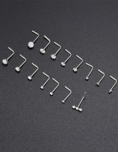 Akeoqi 15PCS G23 Titanium Nose Studs Ring L-Shaped Round CZ Ball Opal Star Heart Nose Studs Nostril Body Piercings Jewelry Set for Women Men Silver Gold Tone 20G 1.5mm 2mm 2.5mm 3mm 3.5mm