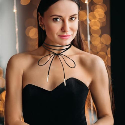 Black Choker Necklace Gothic Bow knot Choker for Women Velvet Long Wrap Rope Collar Tie Neck Chain with Gold Tube Ribbon Suede Jewelry for Party Prom