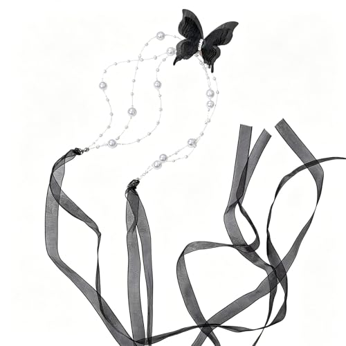 Lace Butterfly Necklace Dainty Pearl Beaded Bow Tie Ribbon Necklaces Long Elegant Lace Fairy Tassel Choker White Black Pink Blue Butterfly Choker Necklaces Cute Butterfly Jewelry Y2K Aesthetic Jewlery for Wedding Party Prom - color: Black