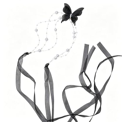 Lace Butterfly Necklace Dainty Pearl Beaded Bow Tie Ribbon Necklaces Long Elegant Lace Fairy Tassel Choker White Black Pink Blue Butterfly Choker Necklaces Cute Butterfly Jewelry Y2K Aesthetic Jewlery for Wedding Party Prom - color: Black