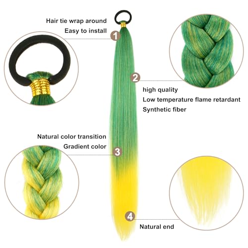 Braided Ponytail Extension 2 Pc Green Yellow Gradient Rave Hair Extensions | Long Braided Ponytail Extension With Hair Tie, Straight Wrap with Braid Ponytail Extension 26 Inch Synthetic Hair Pieces - color: Green Yellow gradient#（Green/Yellow）, size: 26 I