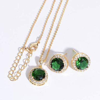 Bridal Crystal Jewelry Set - Sterling Silver Round Cubic Zirconia CZ Rhinestone Halo Birthstone Pendant Necklace Stud Earrings Set for Wedding Bride Bridesmaids Birthday Gift - color: Emerald Green