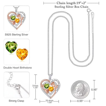 Iefil Heart Birthstone Necklace for Women - Double Birthstone Jewelry | 925 Sterling Silver, Gift Box Packaging, Anniversary Birthday Gifts for Women Wife Mom - color: 08-11-Aug-Nov Birthstone
