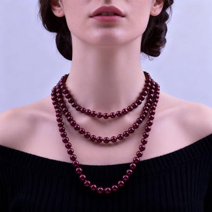 Pearl Necklaces for Women 60'' 70" Long Pearl Necklace 15.75'' Pearl Choker Necklace Chunky Bead Layered Faux Pearl Dangle Wedding Bridal 1920s Gatsby Christmas Costume Jewelry Gifts - color: Wine Red-60''