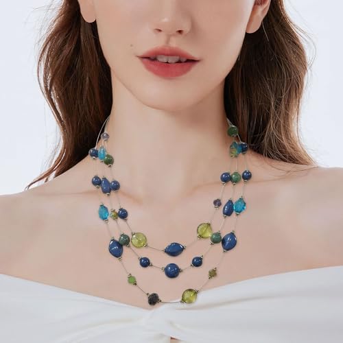 Coiris 3 Layers Illusion Wire Beaded Statement 19.5" Necklace for Women - color: N0005