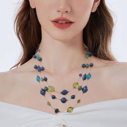 Coiris 3 Layers Illusion Wire Beaded Statement 19.5" Necklace for Women - color: N0005