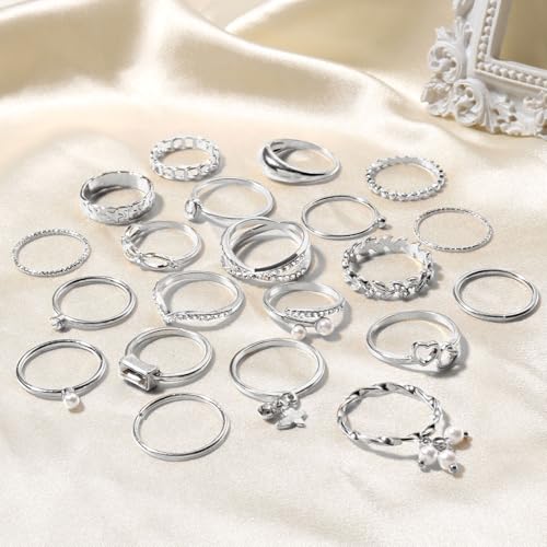 CHICUTIE Gold Knuckle Rings Set For Women Stackable Joint Finger Midi Rings Dainty Cubic Crystal Zirconia Simple Hollow Twist Cute Rings Pack Jewelry Gift - style: 43pcs Silver