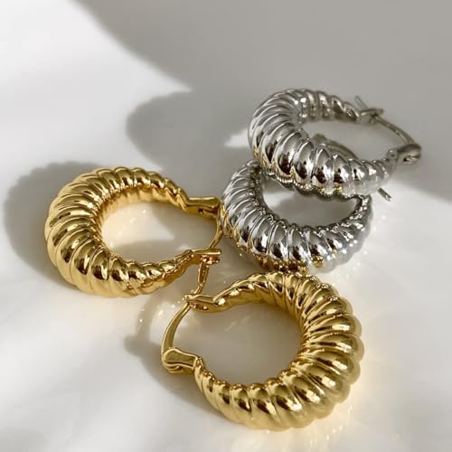 Gold Hoop Earrings for Women, 18K Gold Plated Chunky Huggie Hoop Earrings for Women Jewelry Gifts - color: Croissant Silver