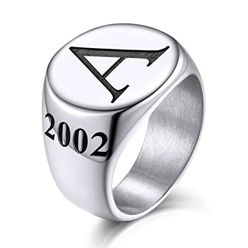 KeyStyle Stainless Steel Signet Rings Personalized for Men, Womens Custom Engraved Round Pinky Ring, Cool Ring Biker Rings Peronalised Gifts for Father Husband Mother (Size 7-13) - color: Stainless Steel