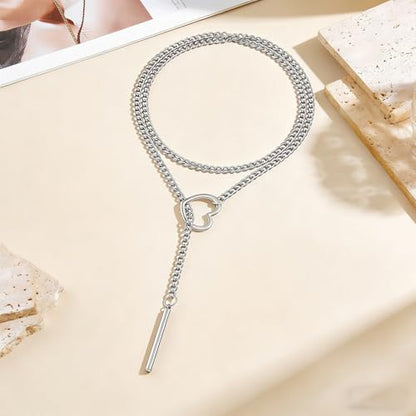 MIFYNN Slip Chain Necklace Stainless Steel Punk Rock Bar Pendant Choker Necklaces Adjustable Handmade Boho Long Lariat Necklace Statement Day Collar for Women - style: Long silver bar