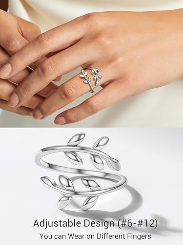 PROSILVER 925 Sterling Silver Adjustable Open Ring for Women, Solid Sterling Silver Stackable Ring, knuckle Finger Ring, Pinky Ring, Come with Box - style: 07 Olive Branch