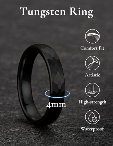 King Will Men's Tungsten Carbide Wedding Ring Hammered Groove Wedding Band Mens Two Tone Engagement Ring for Men and Women Matte Brushed Finish Comfort Fit - color: 4mm Black