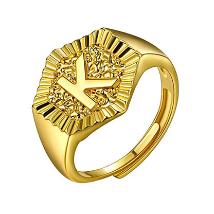 U7 Initial Ring Wedding Band for Men Women 18K Gold Plated Statement Hexagon A-Z Letter Jewelry Personalized Stackable Signet Rings - color: K