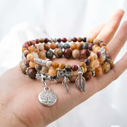 YGLINE Tree of Life Yoga Healing Stone Bracelets,Multilayer Lotus Chakra Stone Reiki Bracelet Sets,Anxiety Crystal Natural Stone,for Women Stress Relief - color: Crazy Agate-3w