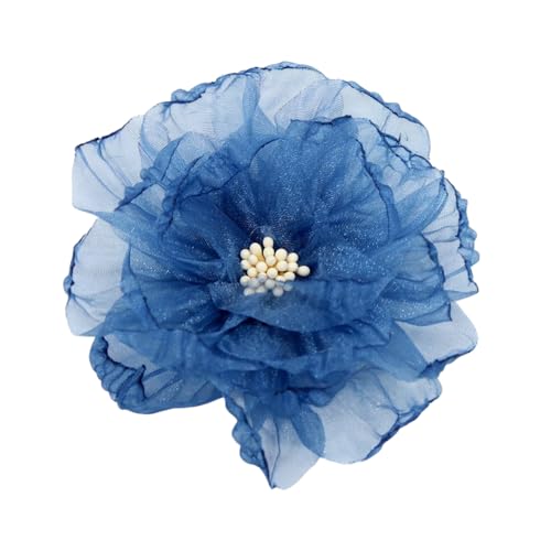 Elegant Organza Flower Brooch Pin for Women Men Delicate Fabric Camellia Floral Lapel Pins Dress Skirt Scarf Hat Clothing Decoration Accessories Holiday Wedding Party Fashion Jewelry 100mm - color: Dark Blue