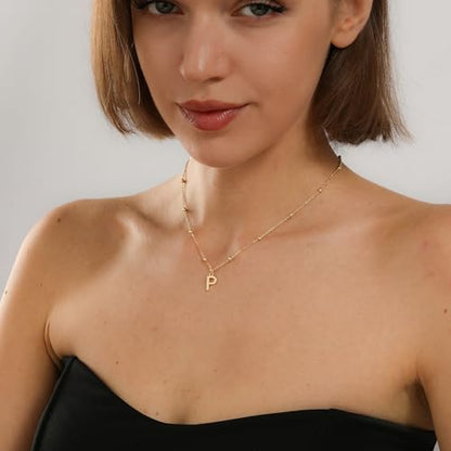 Initial Necklace for Women 14K Gold Silver Dainty Letter Necklace | Personalized Monogram Name Charm Pendant, Simple Bead Chain, Trendy Jewelry Gift, Non Tarnish - style: P