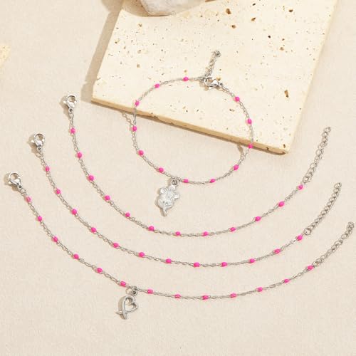 6 PCS Enamel Beaded Chains Bracelet Stainless Steel Link Bracelets | 6.7"+1.18", With Extender Chain, Fashion Jewelry Set, Gift For Women, Colorful, No Fade - color: Rose Silver