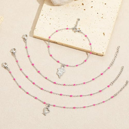 6 PCS Enamel Beaded Chains Bracelet Stainless Steel Link Bracelets | 6.7"+1.18", With Extender Chain, Fashion Jewelry Set, Gift For Women, Colorful, No Fade - color: Rose Silver
