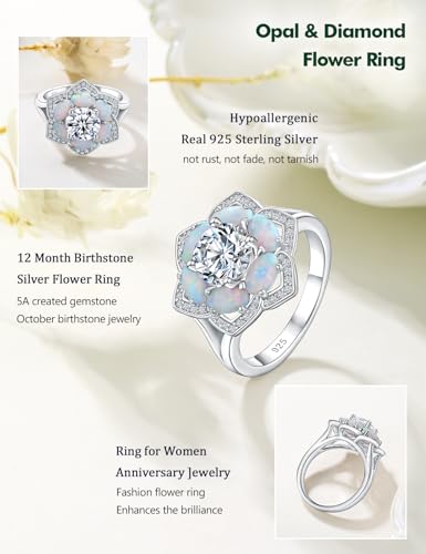 Flower Engagement Promise Ring Sterling Silver Birthstone Rings for Women Sapphire/Emerald/Ruby Gemstone Six Leaf Clover Statement Cocktail Ring Size 6 to 10 - style: 10. October-Created Opal