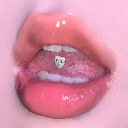 14G Heart Tongue Rings for Women Men Stainless Steel Letter Suck It Naughty Words Love Heart Straight Barbells Tongue Rings Piercing Jewelry