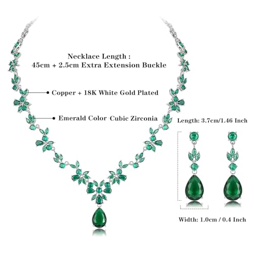 Jewelry Set for Women, Necklace Dangle Earrings Bracelet Set with White AAA Cubic Zirconia, Allergy Free Wedding Party Jewelry for Bridal Bridesmaid - color: Necklace + Earrings-White Gold-Green Emerald CZ