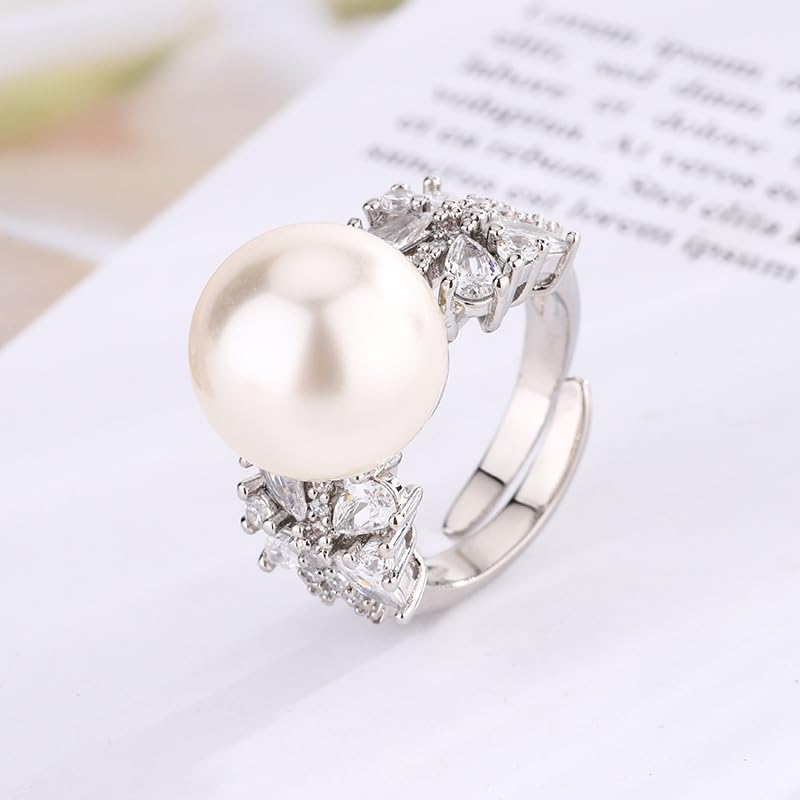 Double Side Butterfly Crystal Bezel Faux Pearl Open Ring, White Gray Gold Two Tone Silver Gold Luxury Evening Cocktail Ring for Women (white)