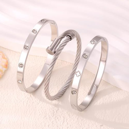 Camhanno Stackable Silver Bracelets for Women Stainless Steel Love & Friendship Bangle, Mothers Day Valentines Birthday Christmas Jewelry Gifts for Mom Her Wife Grandma - style: Style 9