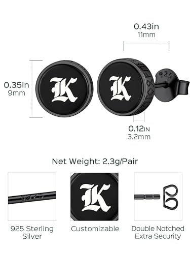 ChicSilver 925 Sterling Silver Viking Rune Natural Black Onyx Stud Earrings For Women Men - style: A: Side Runes-Black-Engraving