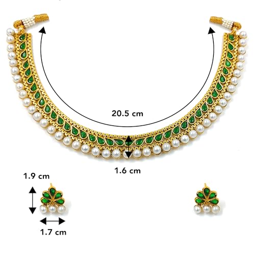 Aheli Ethnic Faux Kundan Pearl Fancy Bridal Choker Necklace Indian Traditional Bollywood Jewelry Set with Earrings Gift for Women - color: Green & White
